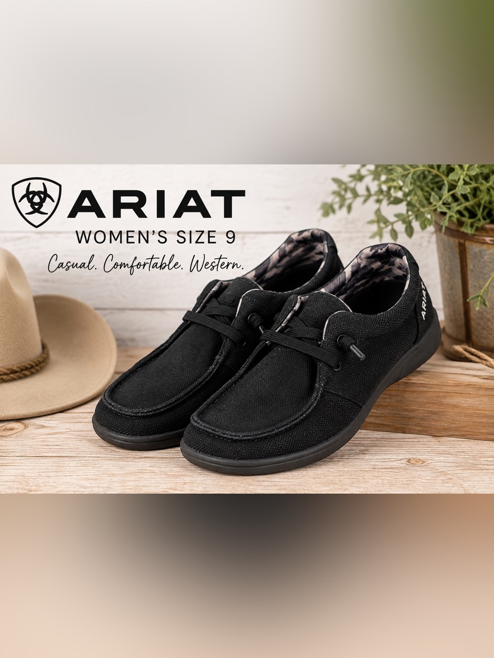 Ariat Women’s 9 Black Canvas Moc Toe Casual Shoes Camo Western Lace Up